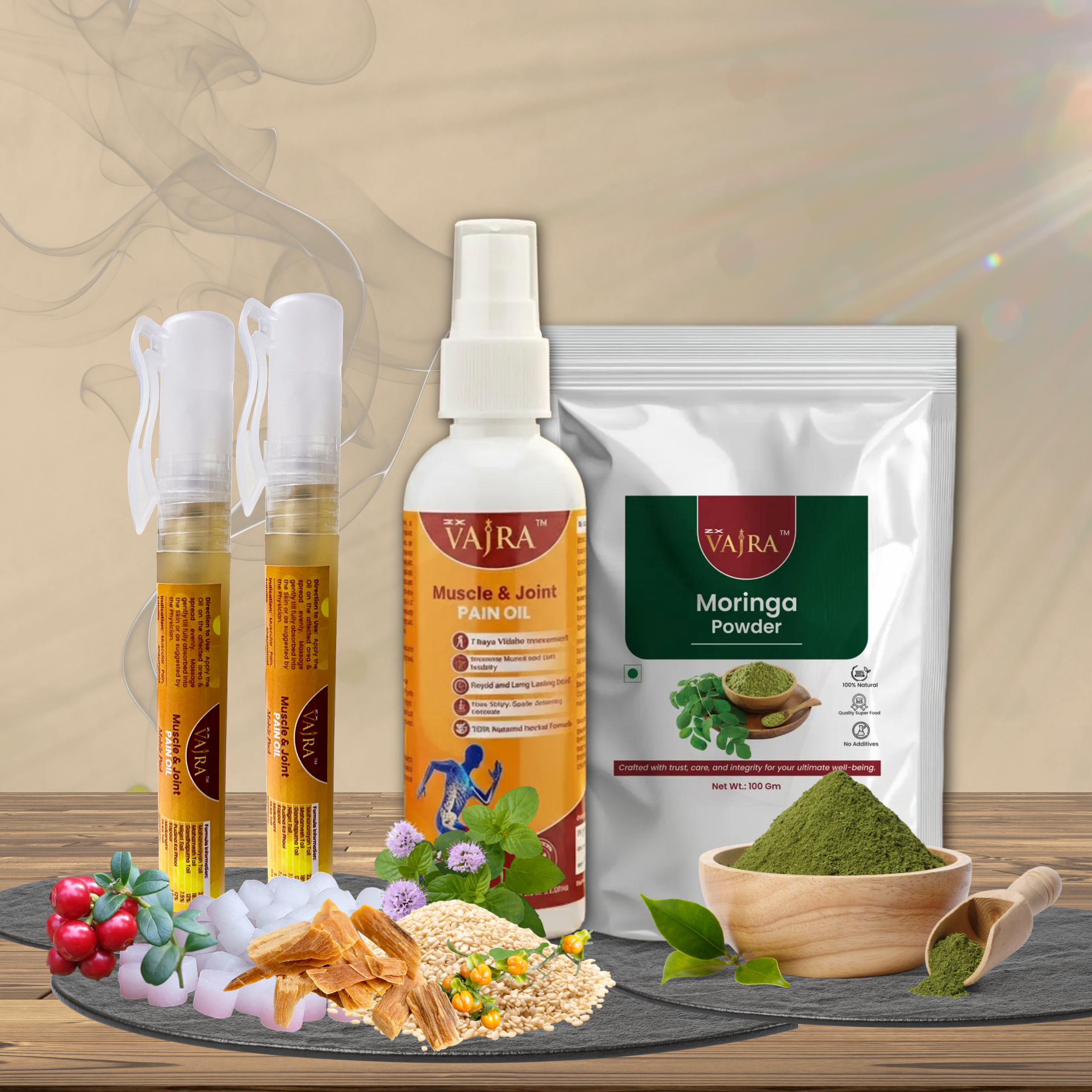 ZX Vajra Complete Pain Relief Kit | Muscle and Joint Pain Relief Oil (100 ml) | Muscle and Joint Pain Relief Oil Travel Pack * 2 (10 ml + 10 ml) | Moringa Powder (100 GM) | Ayurvedic Pain Relief for Back, Knee & Joint Pain